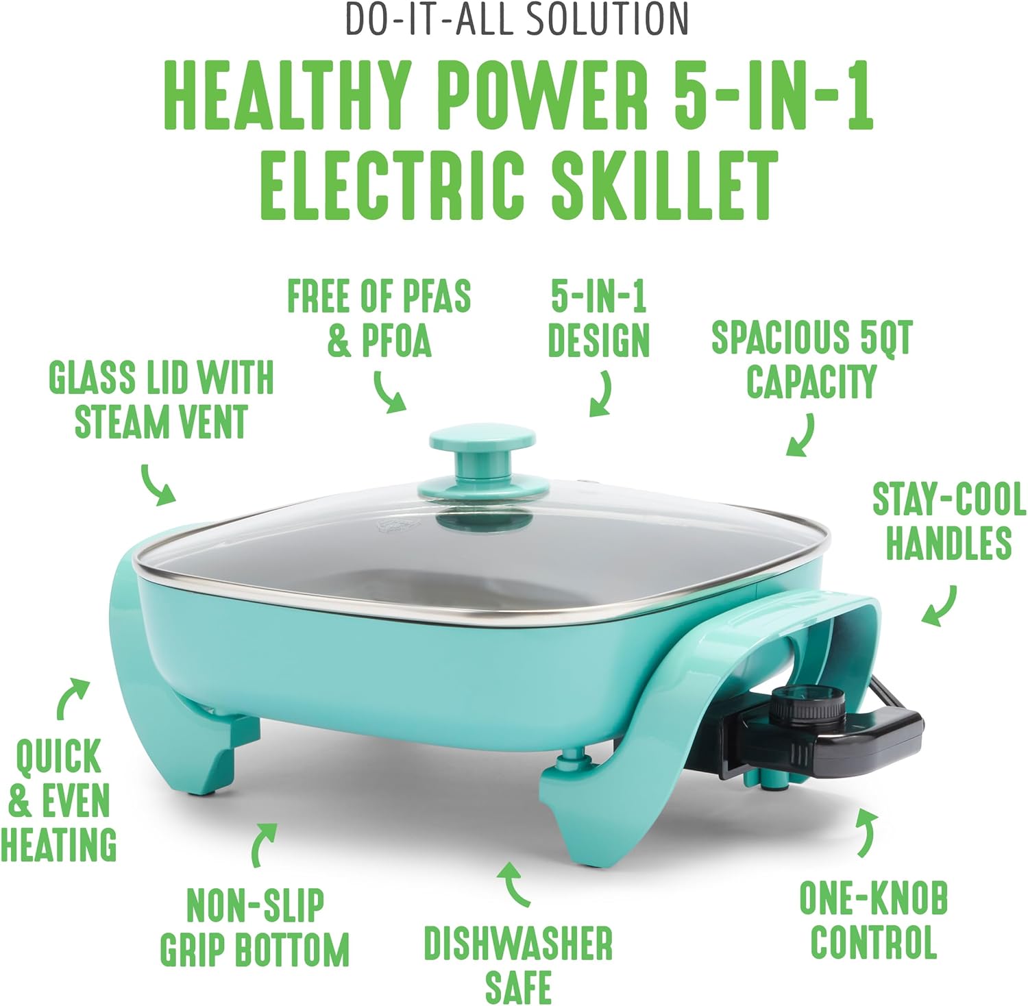 GreenLife 12" 5QT Square Electric Skillet, Glass Vented Lid, Ceramic PFAS-Free Nonstick Interior, Adjustable Temperature Control, Cool Touch Handles, Quick Even Heating, Scratch Resistant, Turquoise