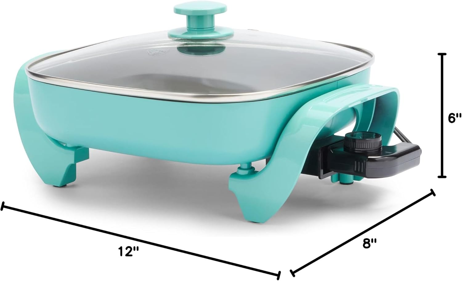 GreenLife 12" 5QT Square Electric Skillet, Glass Vented Lid, Ceramic PFAS-Free Nonstick Interior, Adjustable Temperature Control, Cool Touch Handles, Quick Even Heating, Scratch Resistant, Turquoise