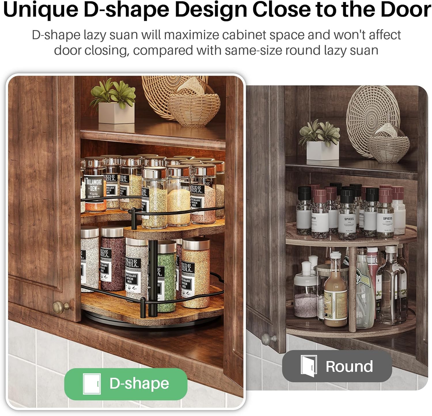 Lazy Susan Organizer Spice Rack - Spice Organization for Cabinet Height Adjustable Rotating Lazy Turntable, Pantry Kitchen Wood Revolving Seasoning Organizer, 12 inches, Black