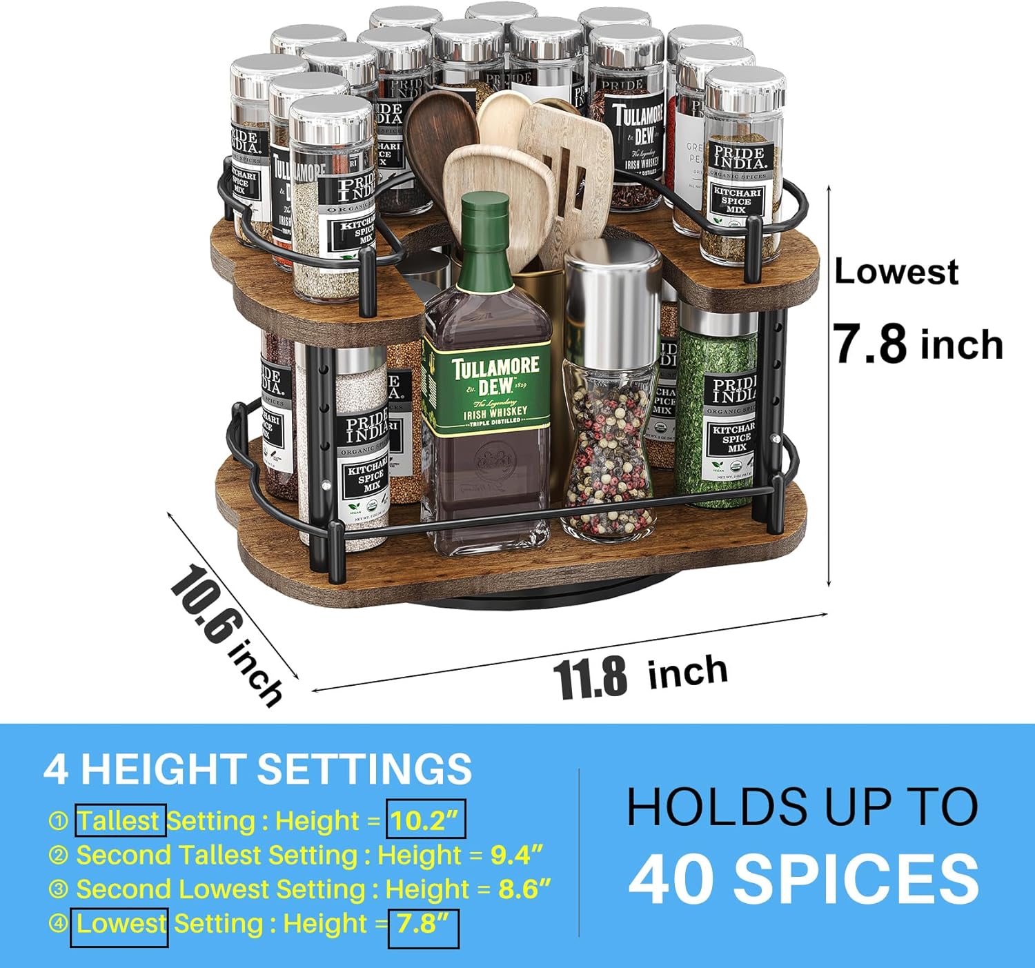 Lazy Susan Organizer Spice Rack - Spice Organization for Cabinet Height Adjustable Rotating Lazy Turntable, Pantry Kitchen Wood Revolving Seasoning Organizer, 12 inches, Black