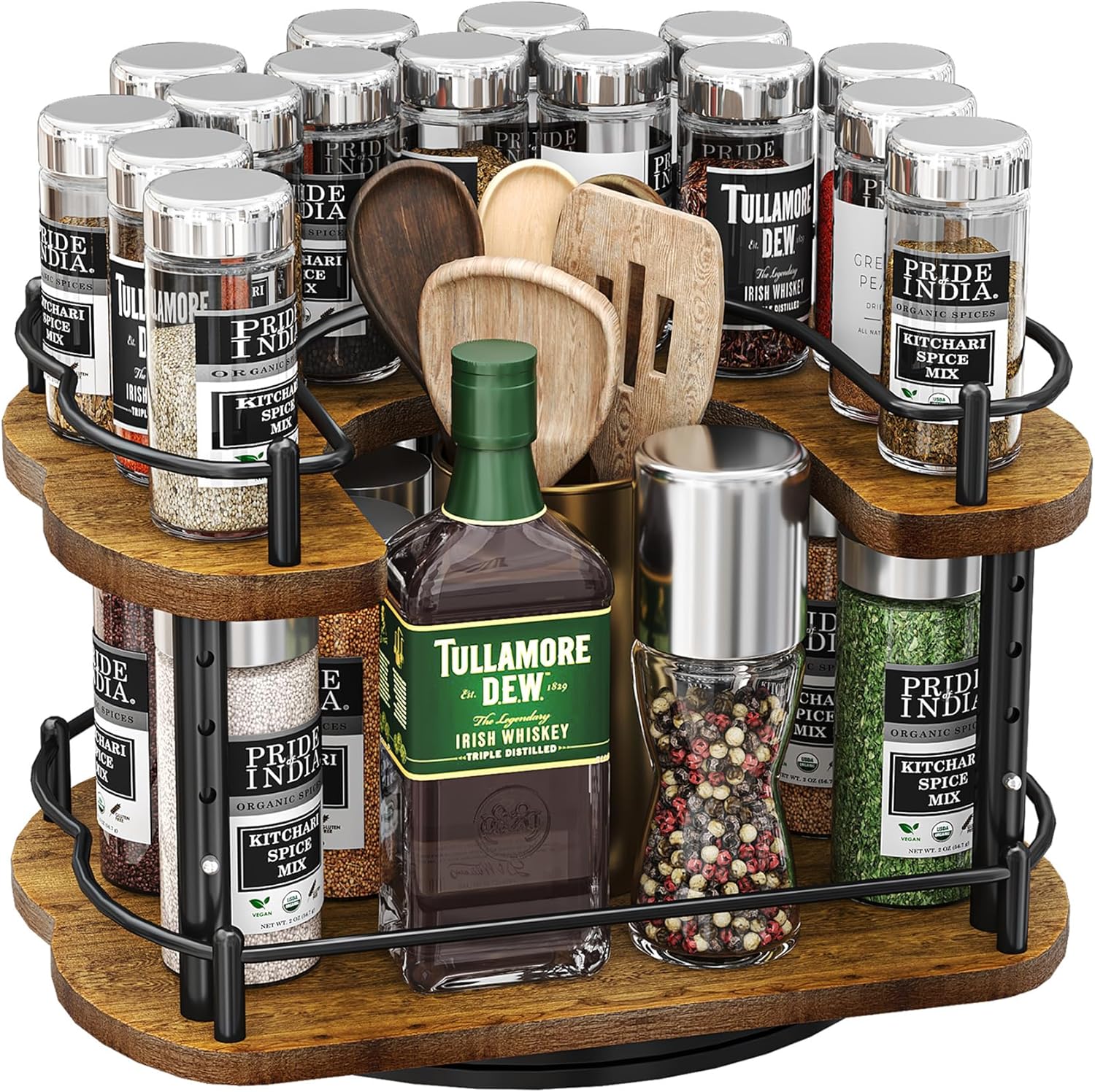 Lazy Susan Organizer Spice Rack - Spice Organization for Cabinet Height Adjustable Rotating Lazy Turntable, Pantry Kitchen Wood Revolving Seasoning Organizer, 12 inches, Black
